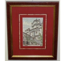 Gravure cour intérieure d'un château 