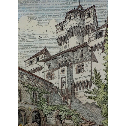 Stich „Innenhof eines Schlosses“ von Moinat SA – Antiquitäten und Dekoration – Stiche, Lithografien