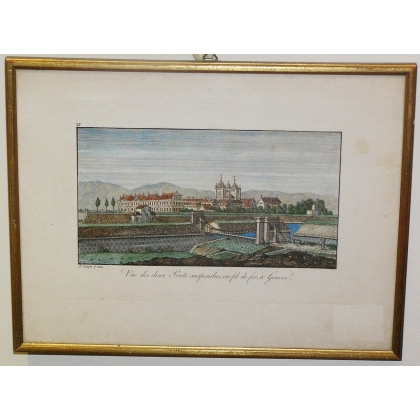 Gravure "Vue des deux ponts suspendus,  sur Moinat SA  - Antiquités décoration -  Gravures, Lithos