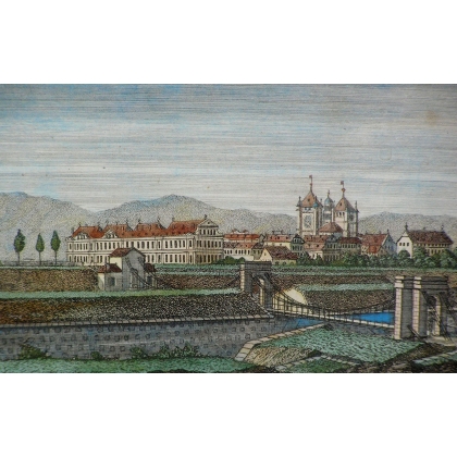 Gravure "Vue des deux ponts suspendus,  sur Moinat SA  - Antiquités décoration -  Gravures, Lithos