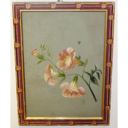 Gouache "Fleurs", cadre bord tapisserie