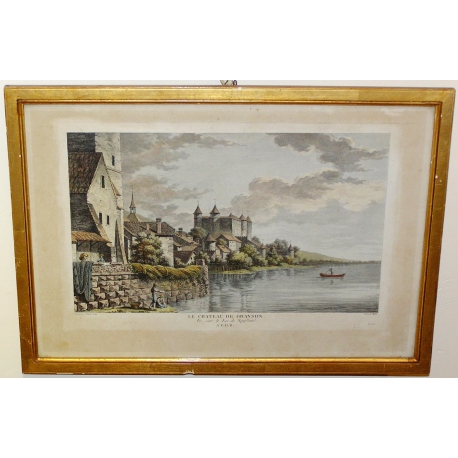 Gravure "Le château de Granson vu sur  sur Moinat SA  - Antiquités décoration -  Gravures, Lithos