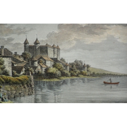 Gravure "Le château de Granson vu sur  sur Moinat SA  - Antiquités décoration -  Gravures, Lithos