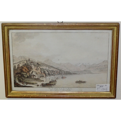 Gravure "Vue du Village et du Lac de  sur Moinat SA  - Antiquités décoration -  Gravures, Lithos