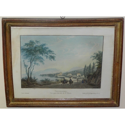 Gravure coloriée "Neuchâtel Vue prise  sur Moinat SA  - Antiquités décoration -  Gravures, Lithos