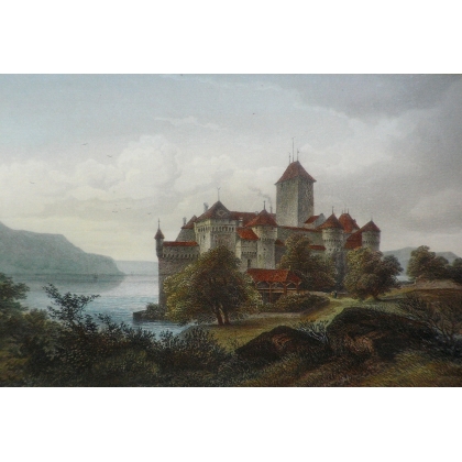 Gravure colorièe "Chillon" de Koehler  sur Moinat SA  - Antiquités décoration -  Gravures, Lithos