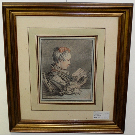Radierung „Lesende Frau“ von F. BOUCHER  bei Moinat SA  – Antiquitäten und Dekoration –  Radierungen, Lithografien