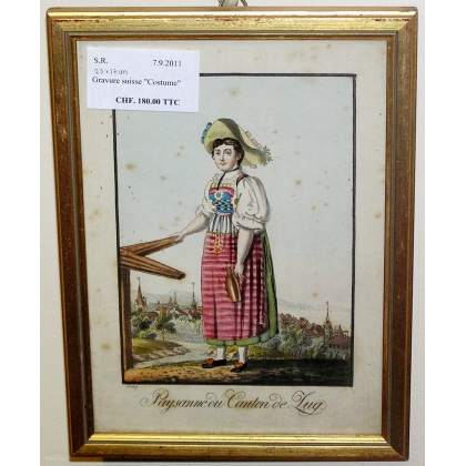 Gravure suisse "Paysanne du canton de  sur Moinat SA  - Antiquités décoration -  Gravures, Lithos