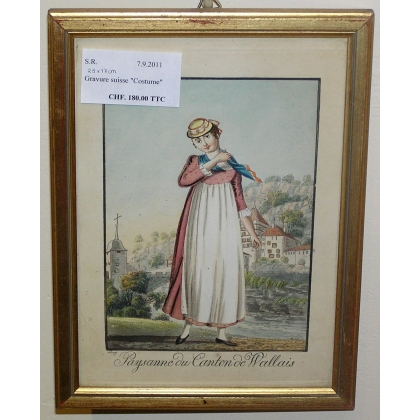 Gravure suisse "Paysanne du canton de  sur Moinat SA  - Antiquités décoration -  Gravures, Lithos