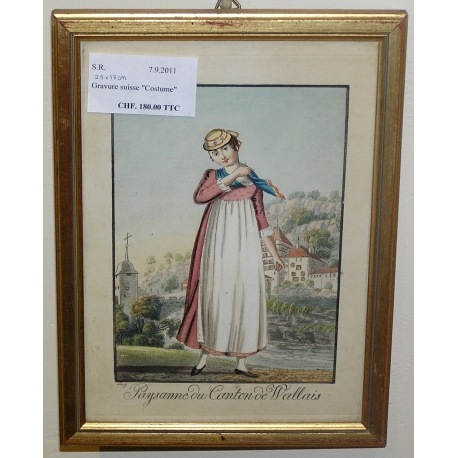 Gravure suisse "Paysanne du canton de  sur Moinat SA  - Antiquités décoration -  Gravures, Lithos