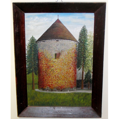  Huile sur carton "Tour du Château de sur  Moinat SA  - Antiquités décoration