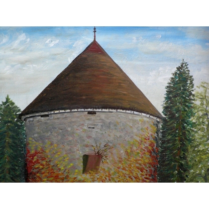 Huile sur carton \"Tour du Château de Rolle\"