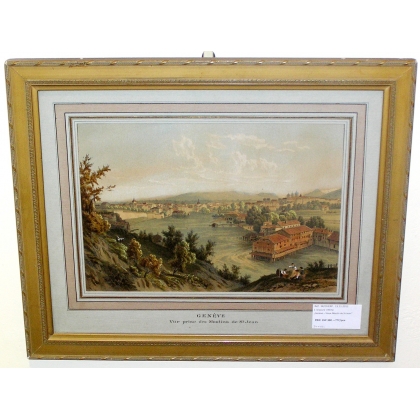 Gravure "Genève- vue prise des Moulin  sur Moinat SA  - Antiquités décoration -  Gravures, Lithos