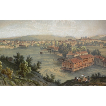 Gravure "Genève- vue prise des Moulin  sur Moinat SA  - Antiquités décoration -  Gravures, Lithos