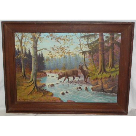 Paintings | Oil on cardboard, ‘Stag and Doe’, signed Moinat SA  – Antiques and home décor