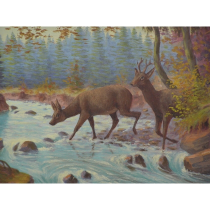Paintings | Oil on cardboard, ‘Stag and Doe’, signed Moinat SA  – Antiques and home décor