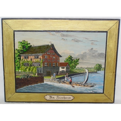 Peintures | Peinture paysanne "Um Zürchersee" signé Moinat SA  - Antiquités décoration