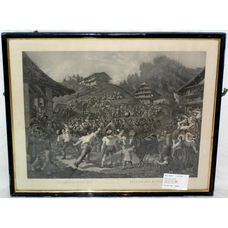 Gravure noir et blanc "Fête du jet des  sur Moinat SA  - Antiquités décoration -  Gravures, Lithos