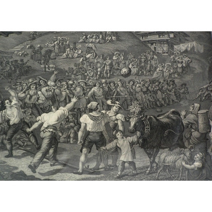 Gravure noir et blanc \"Fête du jet des pierres\"