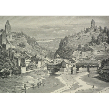 Gravure "The valley of the Gotteron and  sur Moinat SA  - Antiquités décoration -  Gravures, Lithos