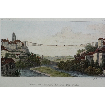 Gravure "Pont suspendu en fil de fer"  sur Moinat SA  - Antiquités décoration -  Gravures, Lithos