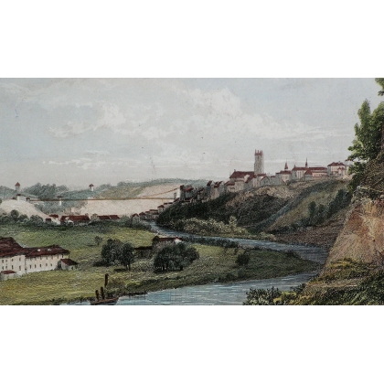 Gravure "Vue de Fribourg" de GIRARD  sur Moinat SA  - Antiquités décoration -  Gravures, Lithos