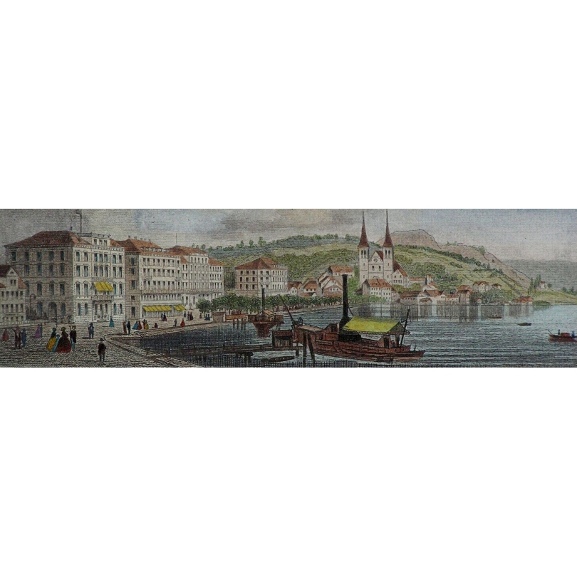 Gravure "Lucerne (Quai du Schweizerhof)"