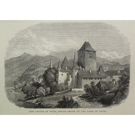 Gravure "The castle of Spiez, south  sur Moinat SA  - Antiquités décoration -  Gravures, Lithos