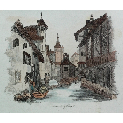 Gravure aquarellée "Vue de Schaffouse"  sur Moinat SA  - Antiquités décoration -  Gravures, Lithos