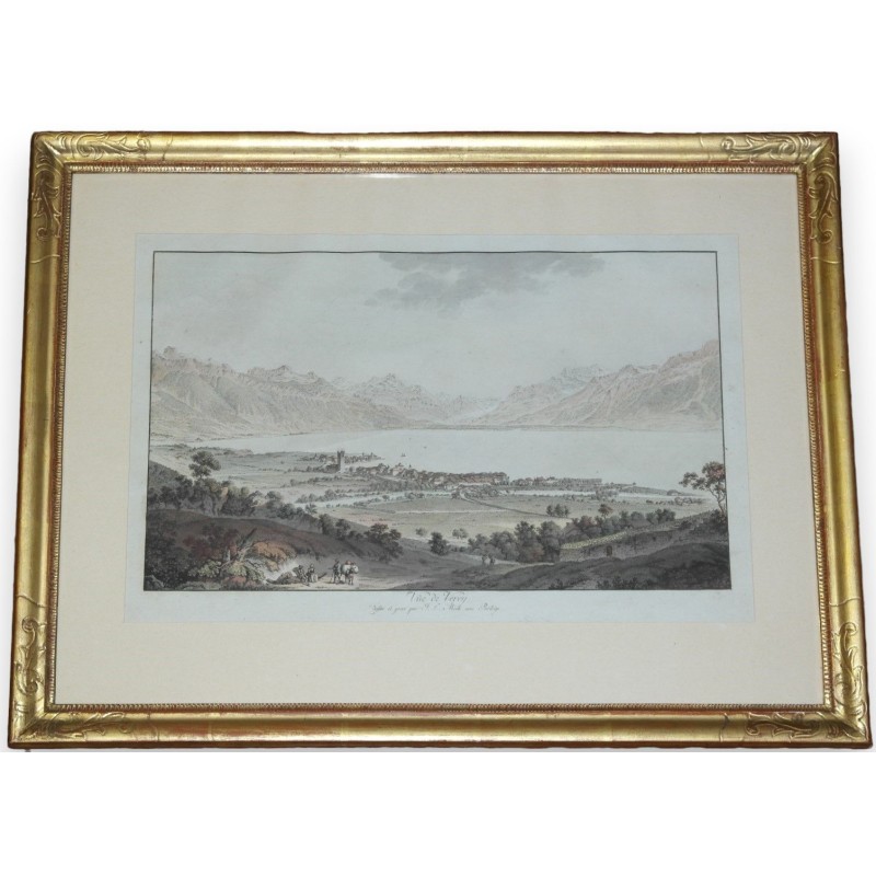 Engraving ‘View of Vevey’ by ABERLI.  at Moinat SA  – Antiques and decorative items –  Engravings, lithographs