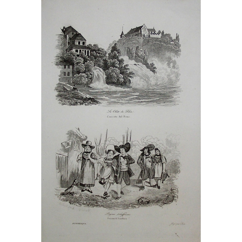 Gravure "La chûte du Rhin et Paysans
