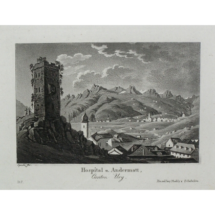 Stich „Spital in Andermatt, Kanton“ von Moinat SA – Antiquitäten und Dekorationsartikel – Stiche, Lithografien