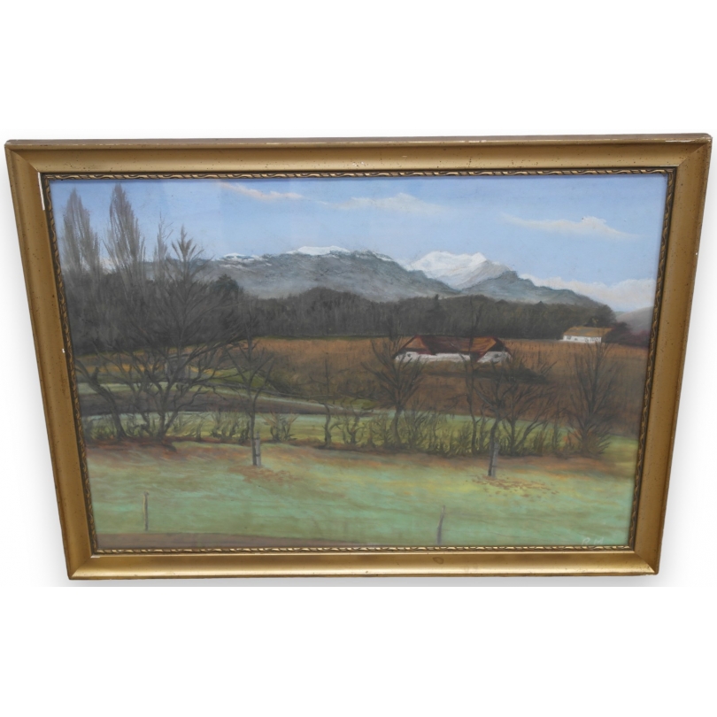 Pastel "Ferme dans le Jura" monogrammé