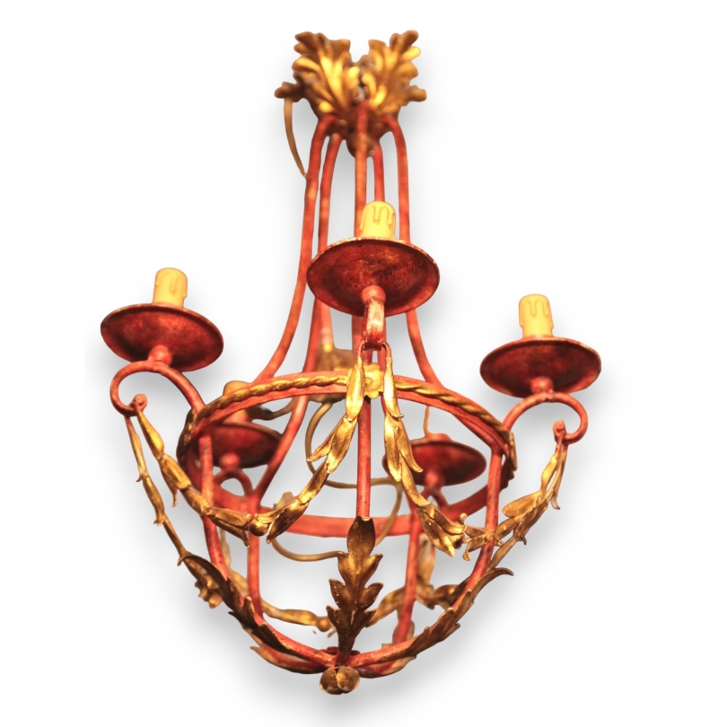 Red and gold wrought-iron chandelier at  Moinat SA  - Antiques and home décor