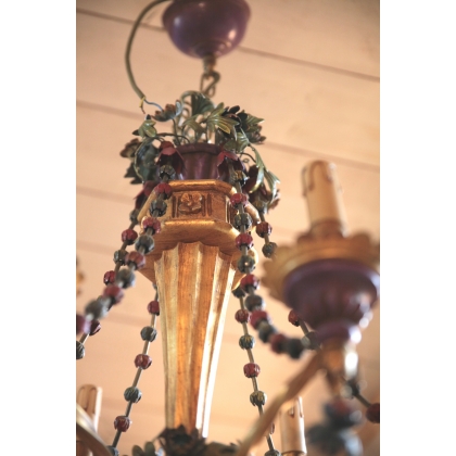 Chandelier in gilded wood, polychrome and iron at  Moinat SA  - Antiques and home décor