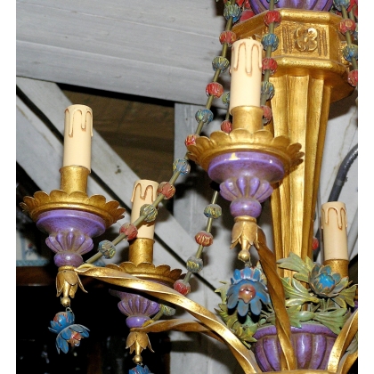 Chandelier in gilded wood, polychrome and iron at  Moinat SA  - Antiques and home décor