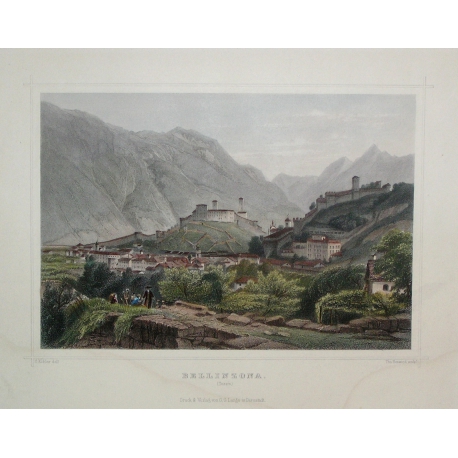 Coloured engraving ‘Bellinzona’ by KÖHLER, published by Moinat SA – Antiques and decorative items – Engravings, lithographs