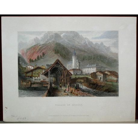 Coloured engraving ‘Village of Splugen’ by Moinat SA – Antiques and decorative items – Engravings, lithographs
