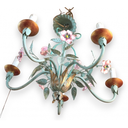 Lustre en fer peint \"Fleurs roses\"