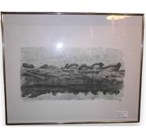 Gravure sur bois "Phoques" signée