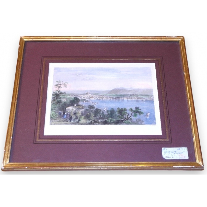 Coloured engraving ‘Geneva from Cologny’ by Moinat SA – Antiques and decorative items – Engravings, lithographs