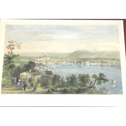 Coloured engraving ‘Geneva from Cologny’ by Moinat SA – Antiques and decorative items – Engravings, lithographs