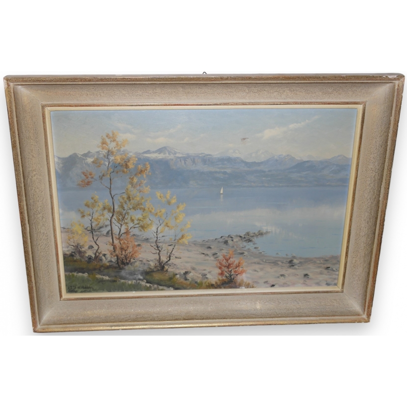 Peintures | Huile sur toile "Vue du Lac" signée DE Moinat SA  - Antiquités décoration