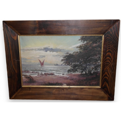 Huile sur toile \"Vue du lac avec bateau