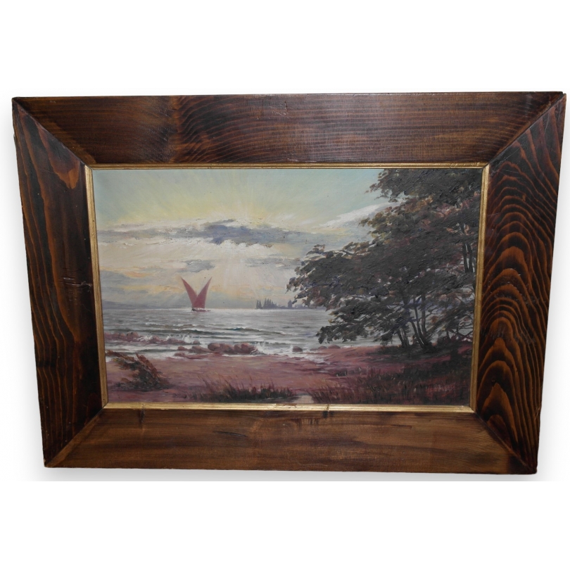 Paintings | Oil on canvas: ‘View of the lake with a Moinat SA boat’ – Antiques and home décor