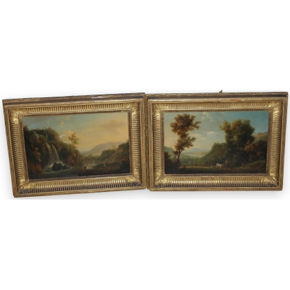 Paire d\'huiles sur cuivre \"Paysages\"
