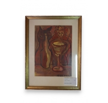 Gouache "Bouteille et verre" signée F.