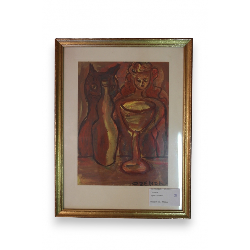 Gouache "Bouteille et verre" signée F.