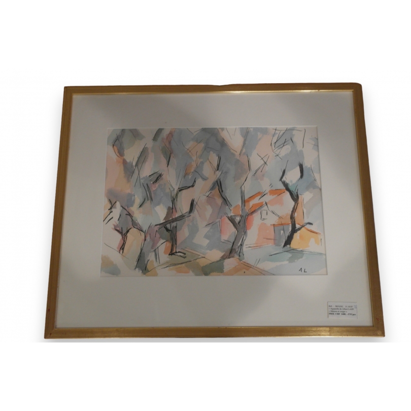 Aquarelle "Maison et Verger" signée AL