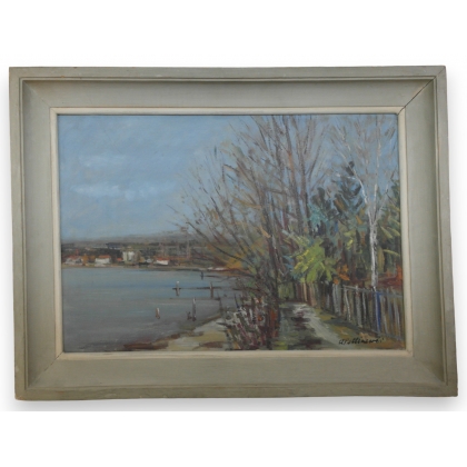 Huile sur bois \"Vue sur le bord du lac